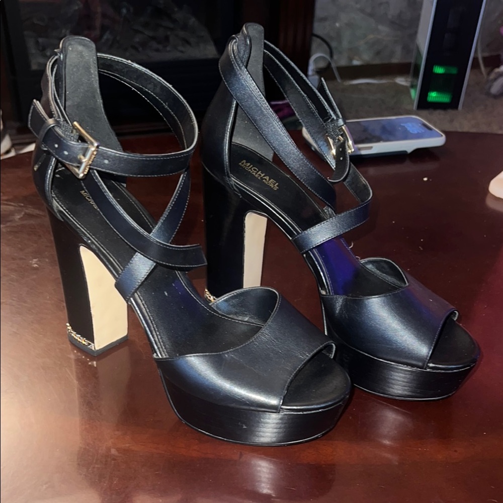 Michael Kors Black Leather Platform Heels with Gold Block Heel
